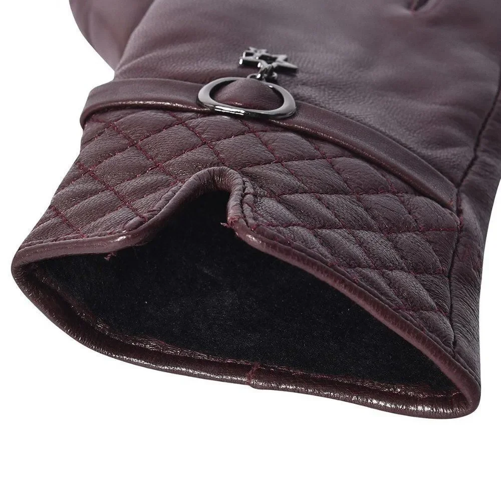 Touchscreen Gloves Leather Quilted Pattern Maroon